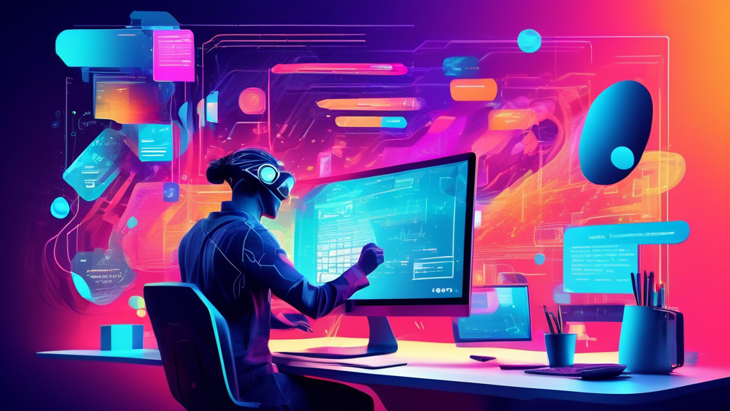 A digital artist creatively designing a dynamic webpage illustration with jQuery code snippets floating around, showcasing elegant DOM manipulation techniques, set in a futuristic coding workspace.