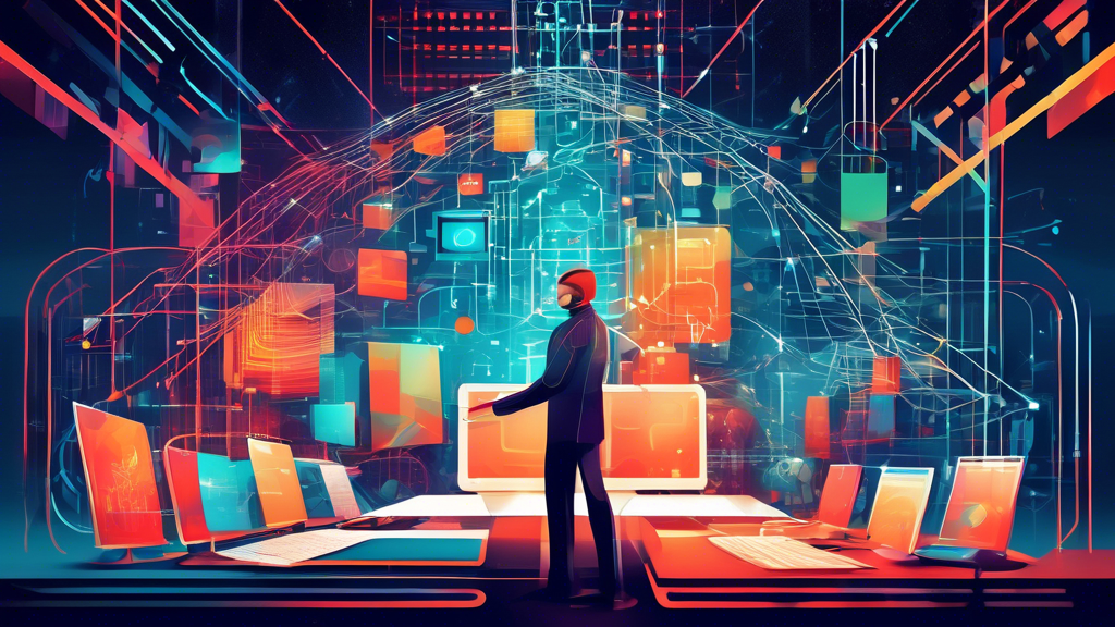 An illustrated metaphor of a software architect expertly weaving various design pattern elements into a robust and elegant digital structure, set against a backdrop of code and futuristic technology.