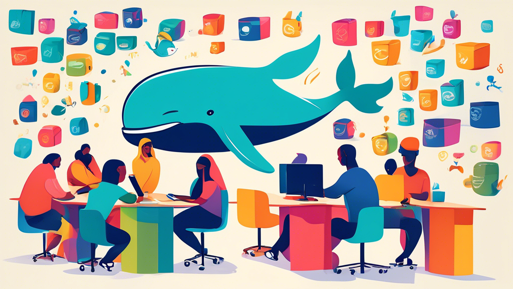 An illustration of a cheerful looking whale (representing Docker) teaching a diverse group of young people who are sitting at computers, surrounded by various container box icons, symbolizing the concept of containerization in a welcoming classroom environment.