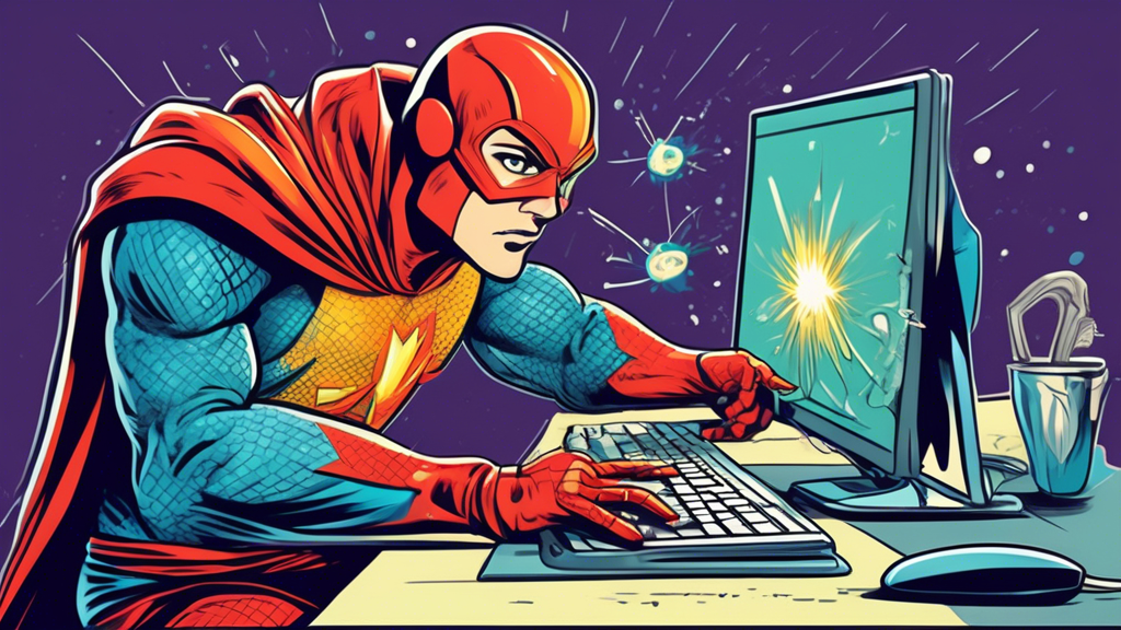 Illustration of a coder with superhero costume sitting in front of a computer, using ESLint to zap away bugs in a codebase, in a whimsical, comic book style.