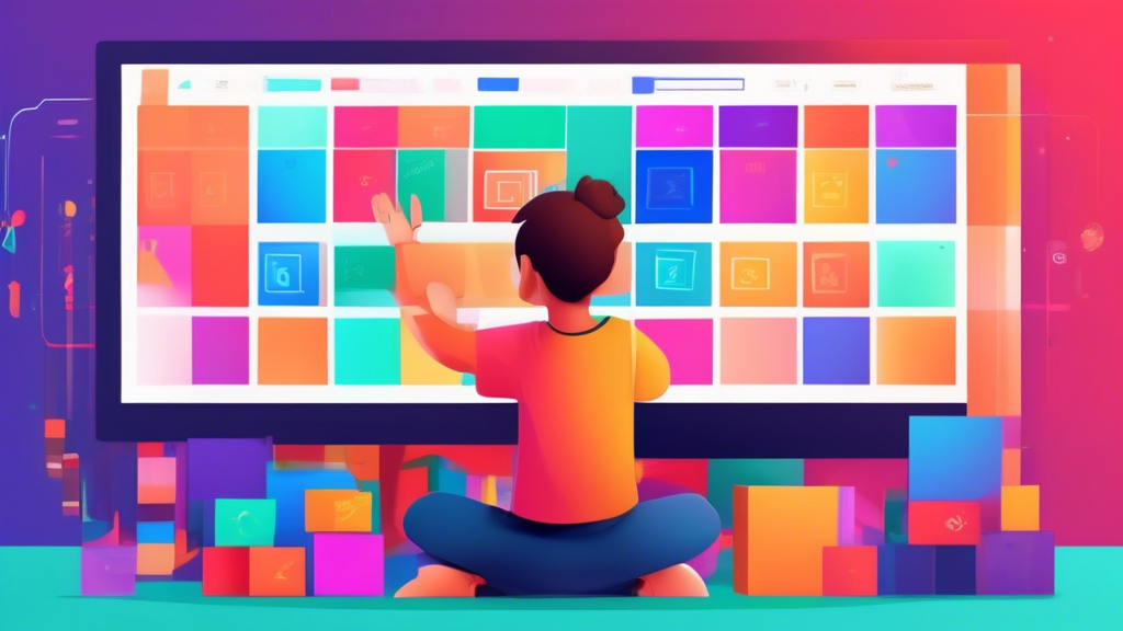 An animated image of a young student joyfully discovering the secrets of CSS Flexbox layout while colorful boxes arrange themselves smoothly into various patterns on a computer screen background.