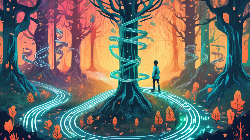 An illustration depicting a young coder standing at a crossroads in a magical forest, with each path marked by signs showing Git commands for branching and merging, while mystical creatures offer guidance and tips.