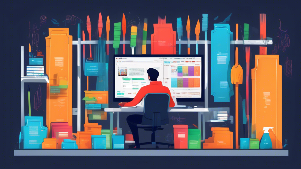 An illustrated concept of a developer using Git rebase to organize and clean up commit history on a digital screen, with visual metaphors such as brooms and files neatly organized on a shelf.