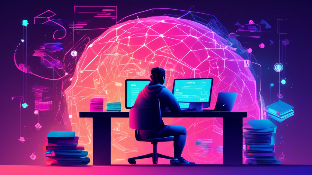 An illustration of a person sitting at a computer, surrounded by books and notes, deeply concentrated while coding in Node.js and a large, glowing GraphQL logo illuminating the screen.