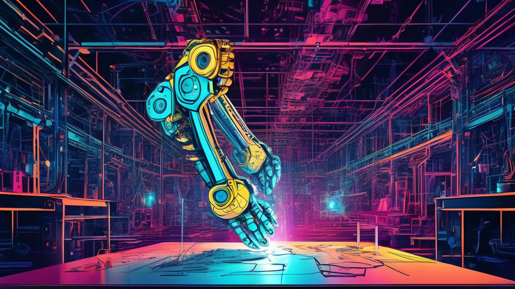 An intricate digital artwork showcasing a robotic arm intricately assembling JavaScript code pieces into a luminous, functional bridge symbolizing integration tests in a futuristic workshop setting.