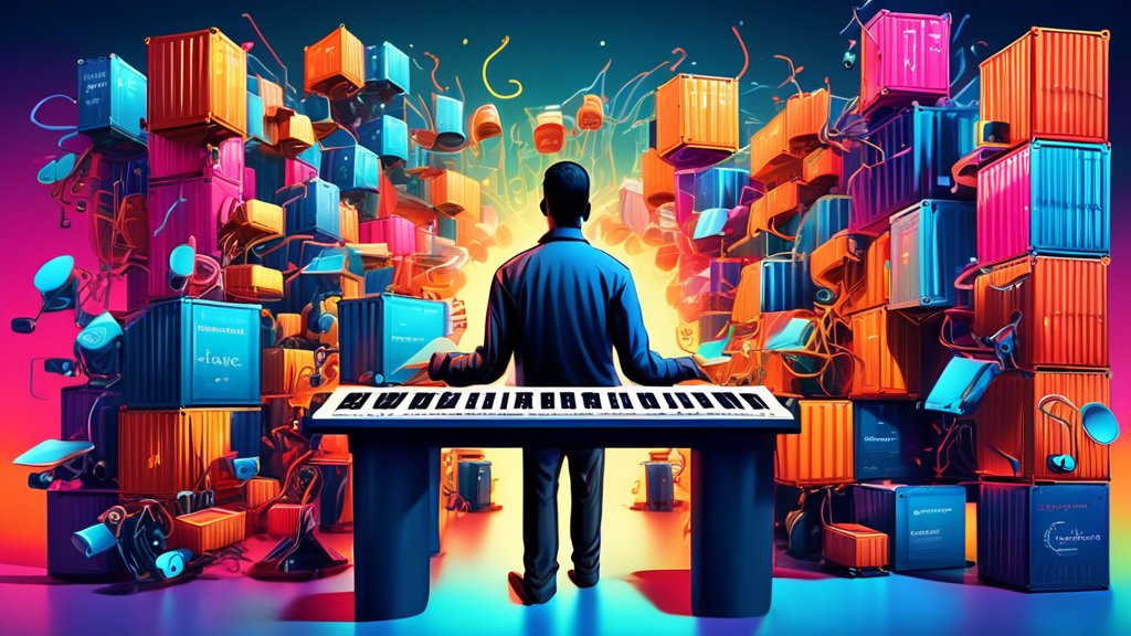 An intricate digital illustration of a developer orchestrating a symphony of containers represented as musical instruments, with Docker Compose conducting them in unison on a sleek, futuristic computer setup.