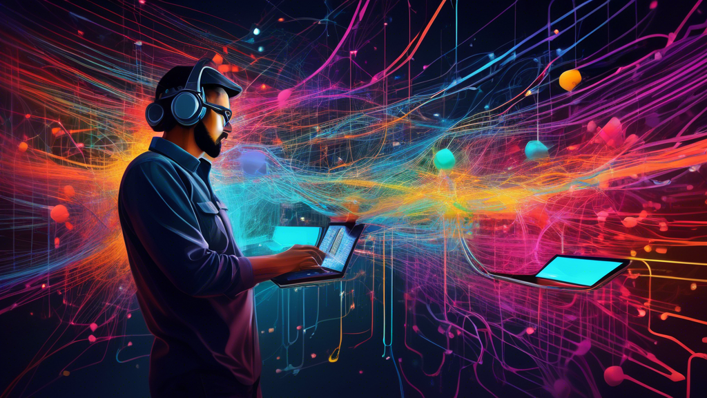 An imaginative digital painting of a network engineer dynamically directing colorful data streams through intricate routes, with the Express.js logo glowing prominently in the background.