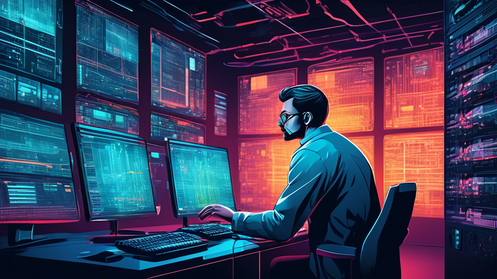 A detailed illustration of a network engineer intently examining complex server logs on multiple computer screens, with visual indicators and tools for monitoring server health in a futuristic control room setting.