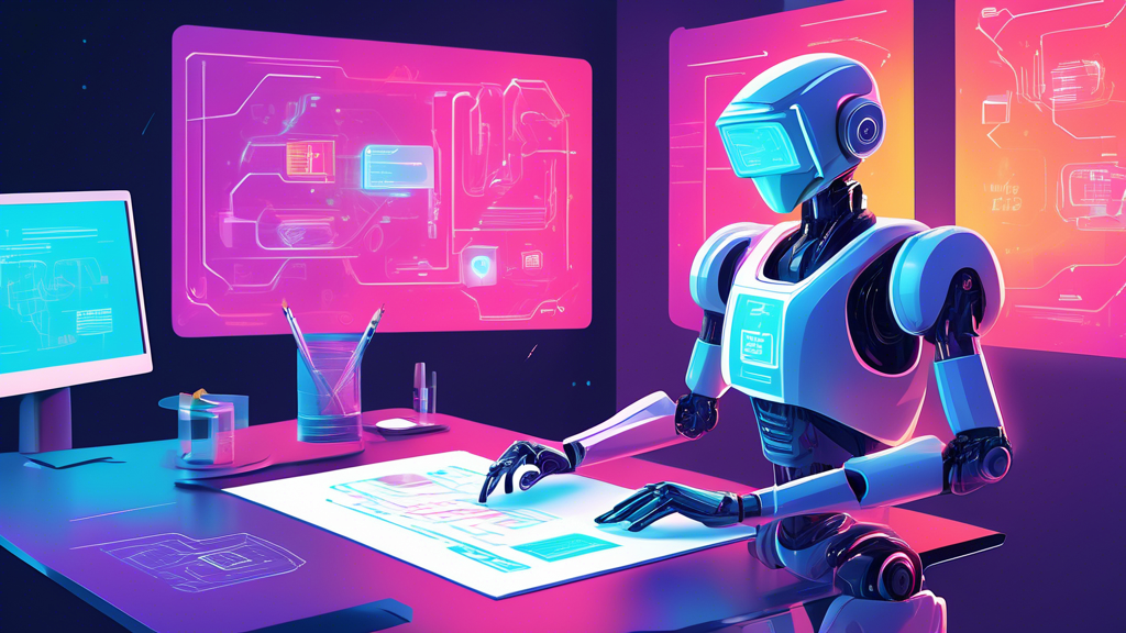 An illustrated guidebook cover featuring a futuristic robot holding a digital pen, surrounded by floating holographic screens displaying flowcharts, code snippets, and project timelines, with a background of a sleek, high-tech workspace.