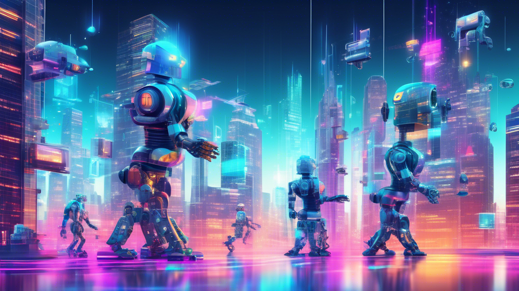 A futuristic cityscape where robots are coding on holographic interfaces, displaying TypeScript and JavaScript code snippets floating in the air, symbolizing mastery over JavaScript type-checking.