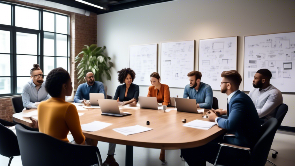 Create an image of a diverse group of professionals seated around a conference table, engaging in a mock web developer interview. Each member of the group is holding a notepad or laptop, scribbling no