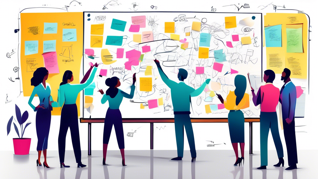 An image of a diverse group of professionals brainstorming and collaborating on a large whiteboard filled with sticky notes and diagrams, symbolizing strategic planning and success in web strategy.