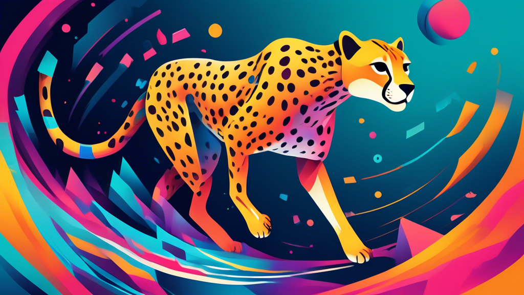 An illustration of a cheetah, the fastest animal, running alongside a stream of digital data with browser icons, symbolizing the concept of maximizing web speed through caching optimization.