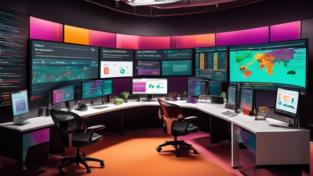 Dual-screen setup displaying a detailed comparative analysis of New Relic and Datadog web application performance monitoring tools, with vibrant analytics dashboards on each screen, set in a high-tech office environment.