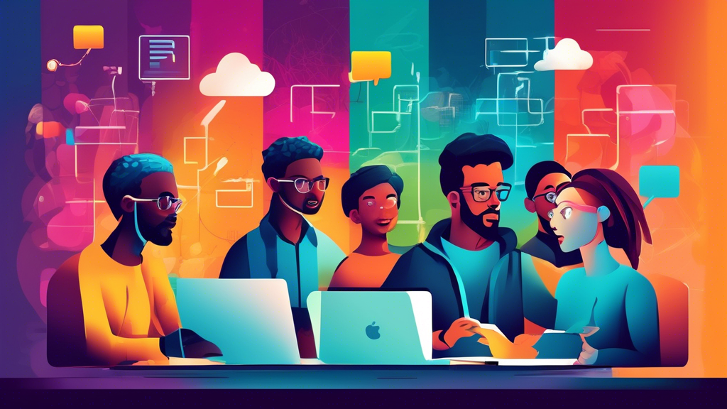 An image of a diverse group of web developers collaborating together, working on laptops and discussing solutions to overcome various web development challenges. The image should convey a sense of tea