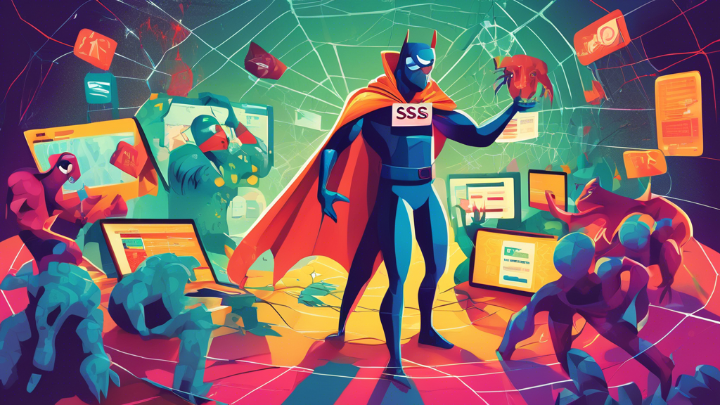 An illustrated digital guidebook cover showing a superhero shielding a web application from monsters labeled 'XSS' and 'CSRF' in a cyberspace environment.