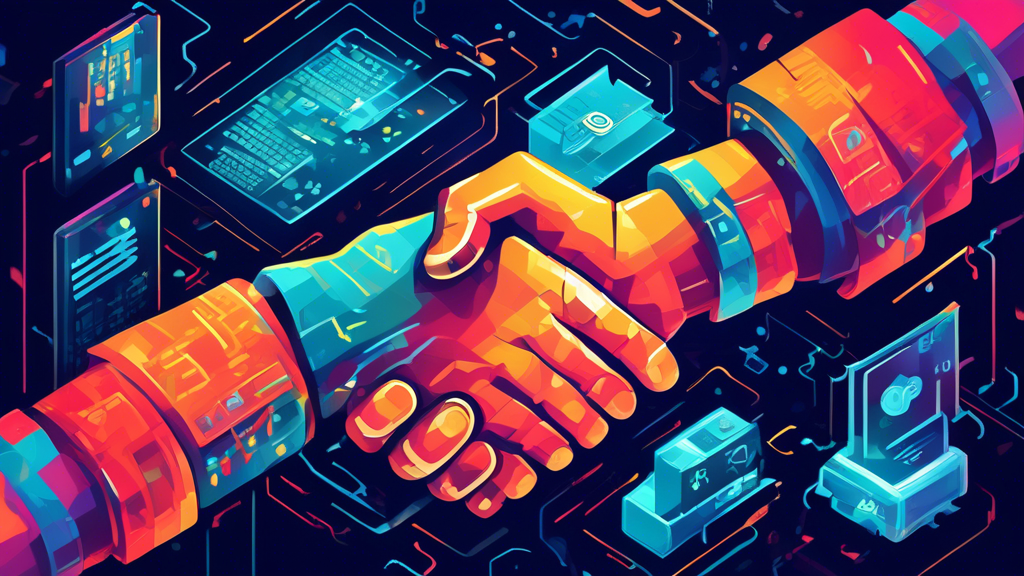 An artistic depiction of a secure handshake symbolizing HTTPS encryption between a stylized computer server and a user's digital device against a backdrop of digital code and padlocks.