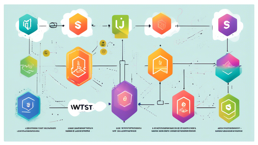 An illustrated step-by-step guide infographic showing the process of securing Node.js applications using JWT authentication, featuring code snippets, lock symbols, and Node.js and JWT logos.