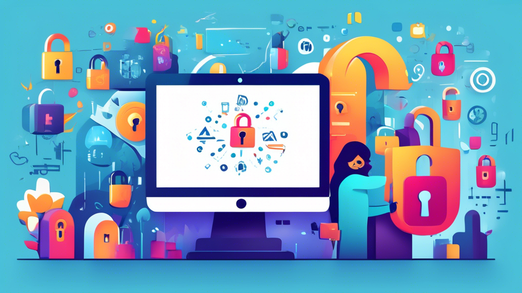 Illustration of a secured website with a lock icon and Let's Encrypt logo prominently displayed, surrounded by digital encryption symbols and happy users browsing safely.