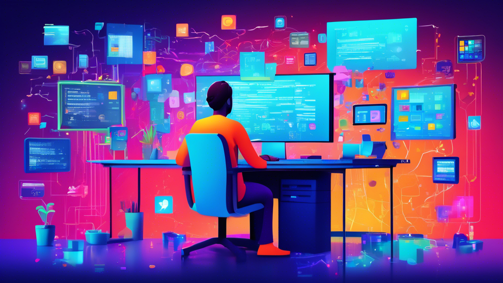 A vibrant digital illustration showing a person sitting at a desk in front of a large monitor displaying various programming environments and tools, with windows icons and code snippets floating around, symbolizing the process of setting up a development environment on a Windows computer.