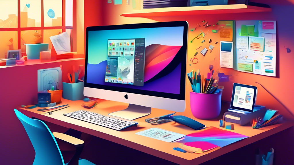 An illustration of a cozy, modern home office with a Mac computer on the desk showing a colorful screen filled with various programming applications and tools, surrounded by scattered notes and diagrams for setting up a development environment.