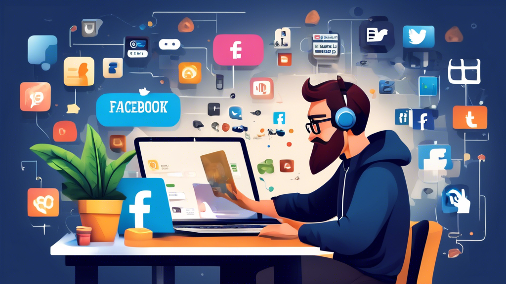 Create an image of a web developer working on a laptop surrounded by social media icons like Facebook, Twitter, Instagram, and LinkedIn. The web developer should look engaged and focused, with various