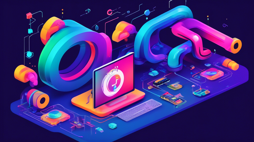 An engaging illustrated digital tutorial showing a developer setting up Continuous Integration with colorful pipelines and Travis CI logos floating around, all within a futuristic computer interface.