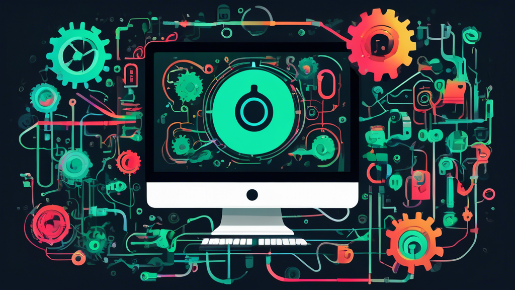 An illustrated digital guidebook cover featuring tools, gears, and coding symbols floating around a computer screen displaying the CircleCI logo, with a backdrop of connected pipelines representing continuous integration workflow.