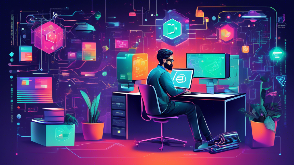 An illustrated digital guide showing a programmer at a computer desk, setting up a Node.js server on a laptop, with flowcharts and Node.js logos floating around in a futuristic tech workspace.