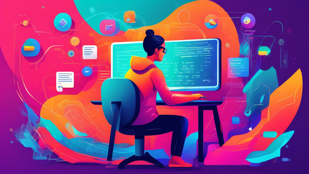 A colorful illustrated digital book cover showing a person sitting in front of a computer, coding HTML and CSS with stylized web pages floating around them, capturing the essence of styling web pages for beginners.