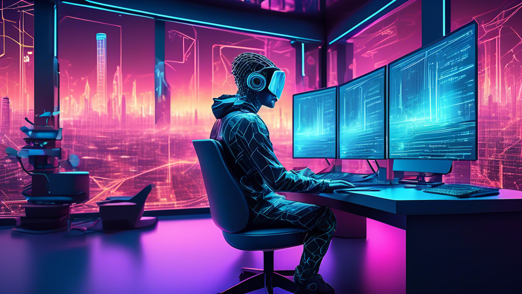 Create an image of a futuristic web developer sitting at a sleek, high-tech workstation surrounded by holographic screens displaying lines of code, virtual reality gadgets, and cutting-edge web develo