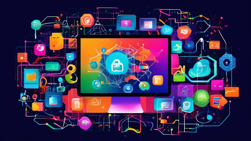 Create an image of a colorful, intricate web network connecting various digital devices and technology icons, symbolizing the diverse and interconnected world of web development services. Include elem