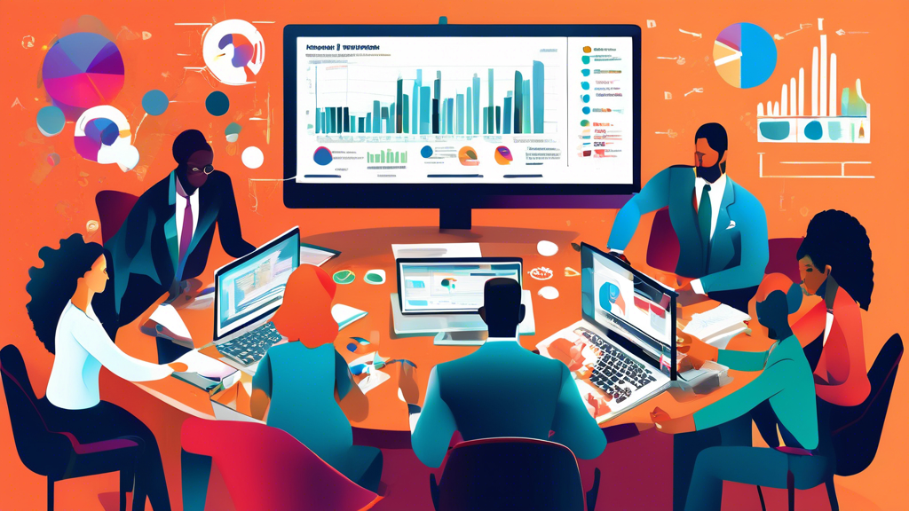 Create an image of a diverse set of business professionals working together at a large conference table, each using a different analytics and reporting tool on their laptops. Show a variety of tools s