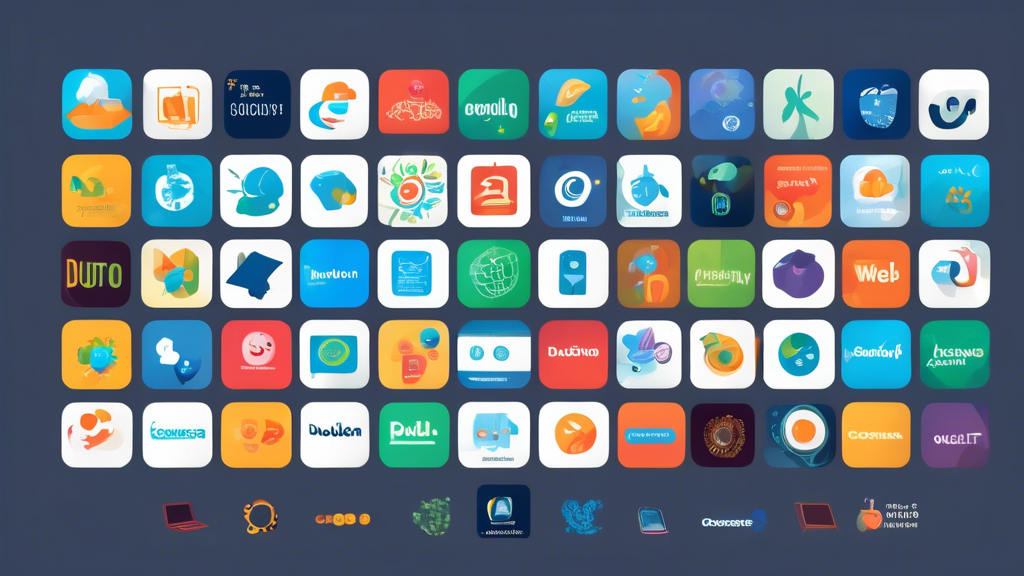 Create an image of a computer screen displaying a collage of top educational web app logos, such as Duolingo, Khan Academy, Coursera, Codeacademy, and Quizlet. Each logo should be clearly visible and