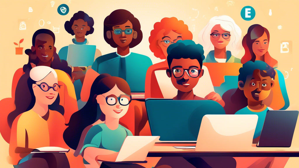 Create an image of a diverse group of students of varying ages and ethnicities engaged in online learning on laptops and tablets. The scene should depict a virtual classroom environment with each stud