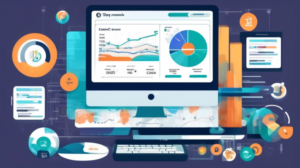 Create an image of a computer screen displaying a web development project, with a detailed pay-per-click advertising dashboard overlaid on top, showing data such as click-through rates, cost per click