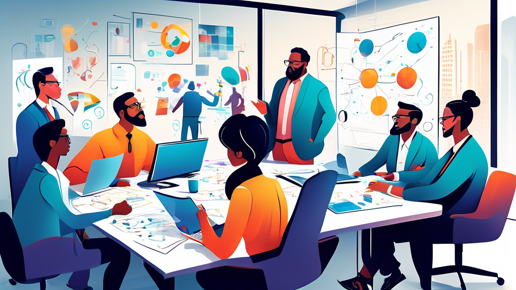 Create an image of a diverse team of technology consultants in a modern office setting, brainstorming innovative solutions and having a discussion around a whiteboard filled with diagrams and charts.