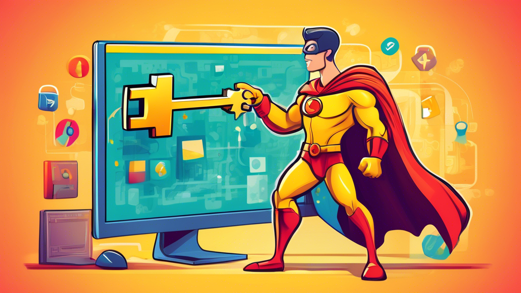 An illustrated guide showing a cartoon superhero using a giant golden key to unlock a massive computer screen, symbolizing secure user authorization in a colorful and engaging web application environment.