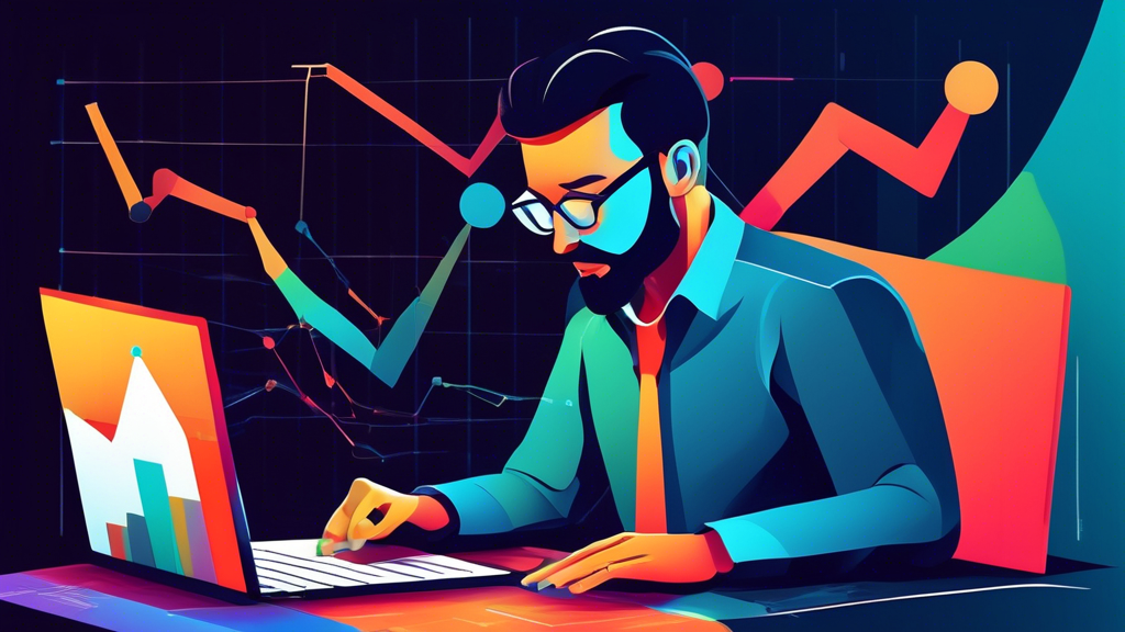 Create an image of a beginner sitting at a computer, looking at various graphs and charts related to web analytics and metrics. Make sure the image conveys a sense of learning and understanding as the