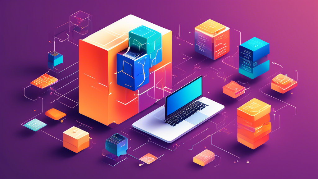 An elegant abstract illustration showing the process of transforming and bundling various JavaScript files and digital assets into a single compact package, highlighted by Webpack's logo and visual metaphors of simplicity and efficiency.