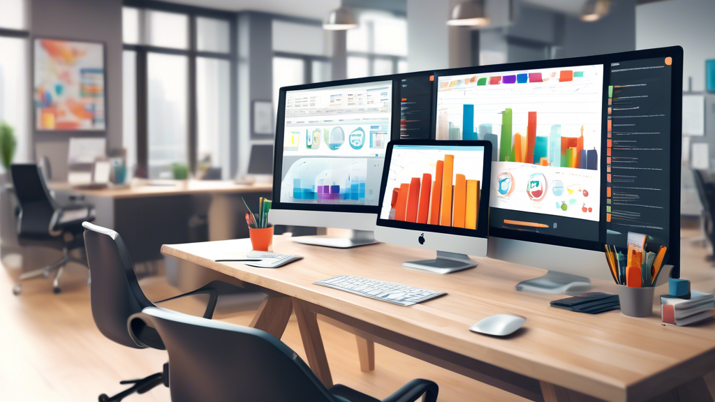 Create an image of a modern office desk with a computer displaying a CRM software dashboard. Include a diverse group of professionals discussing strategies around the desk, with visual representations