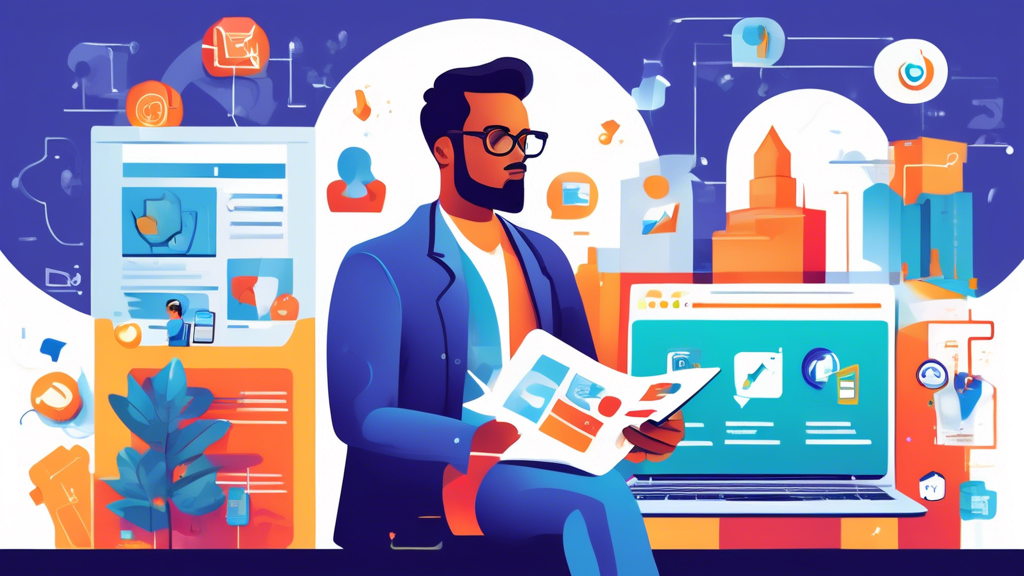 Create an illustration depicting a thoughtful business owner holding a checklist, surrounded by various icons representing website design, coding, customer support, and security. In the background, there are several buildings symbolizing different web development companies with logos and unique designs. The overall scene should convey the theme of selecting the best web development company for a business needs.