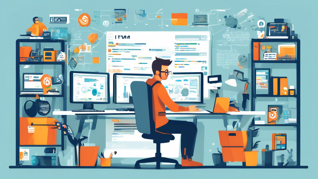 Create an illustration that showcases a WordPress web developer at their workstation, equipped with multiple screens displaying a mix of coding (HTML, CSS, JavaScript, PHP), a WordPress dashboard, and design tools. Surround the developer with icons representing essential skills such as SEO, responsive design, debugging tools, security measures, and database management. The office environment should be modern and clean to represent professionalism and efficiency.