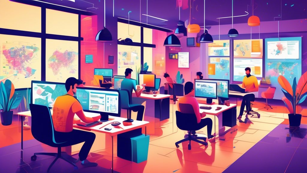 Create an illustration of a vibrant, modern office space where web developers are working collaboratively at their desks with coding on screens. The scene includes a diverse group of web developers, laptops, sticky notes, and the background showcasing a map with pins indicating 'best web developers near me'. The atmosphere is creative, dynamic, and innovative with a focus on technology and teamwork.