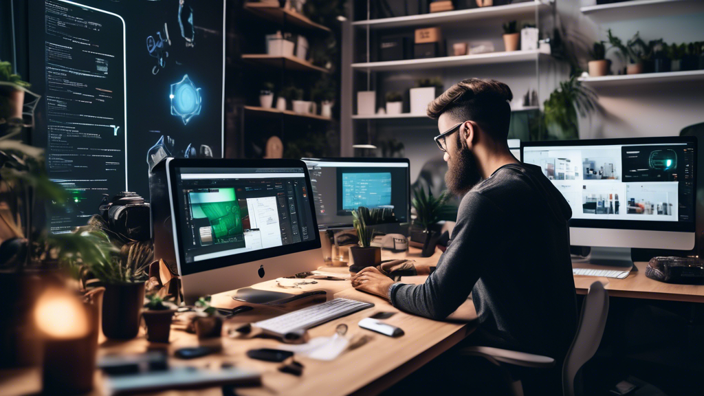 Create an image of a professional web developer working on a sleek, modern Shopify website for an e-commerce business. The developer is surrounded by high-tech gadgets, coding on a computer screen featuring Shopify's interface, and various tools like color palettes, wireframes, and e-commerce icons. The background shows a creative office space with team members brainstorming and collaborating, highlighting a dynamic and productive environment.