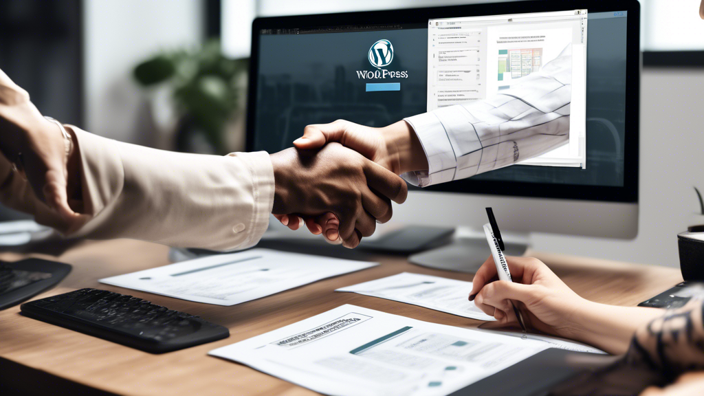 Create an image depicting a professional setting where two people are shaking hands over a contract with WordPress logo on the table, indicating an agreement to develop a website. In the background, a computer screen shows a website development interface with design mockups and code snippets. Highlight elements such as a calendar, a checklist, and a few design tools like sketchpads and pencils to emphasize planning and collaboration.