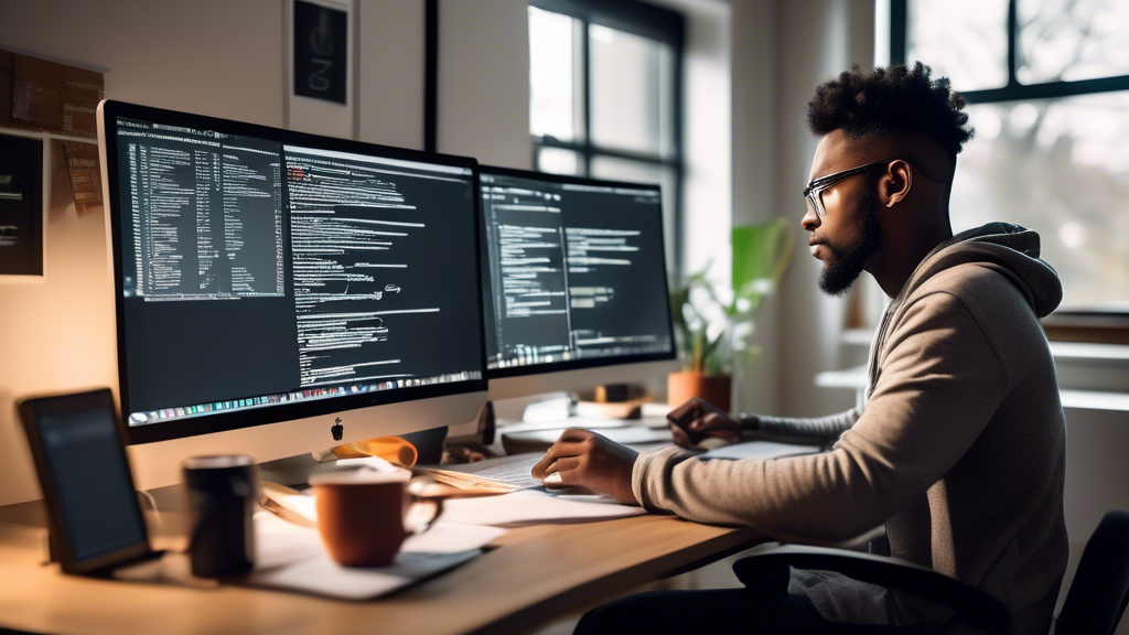 Create an image of a freelance web developer working from a modern home office, filled with natural light. The room is equipped with multiple computer screens displaying code and website designs, and there's a whiteboard in the background with project timelines and to-do lists. On the desk, there are coffee mugs, notebooks, and a smartphone displaying client emails. The developer appears focused and motivated, embodying the success and productivity in their freelance career.