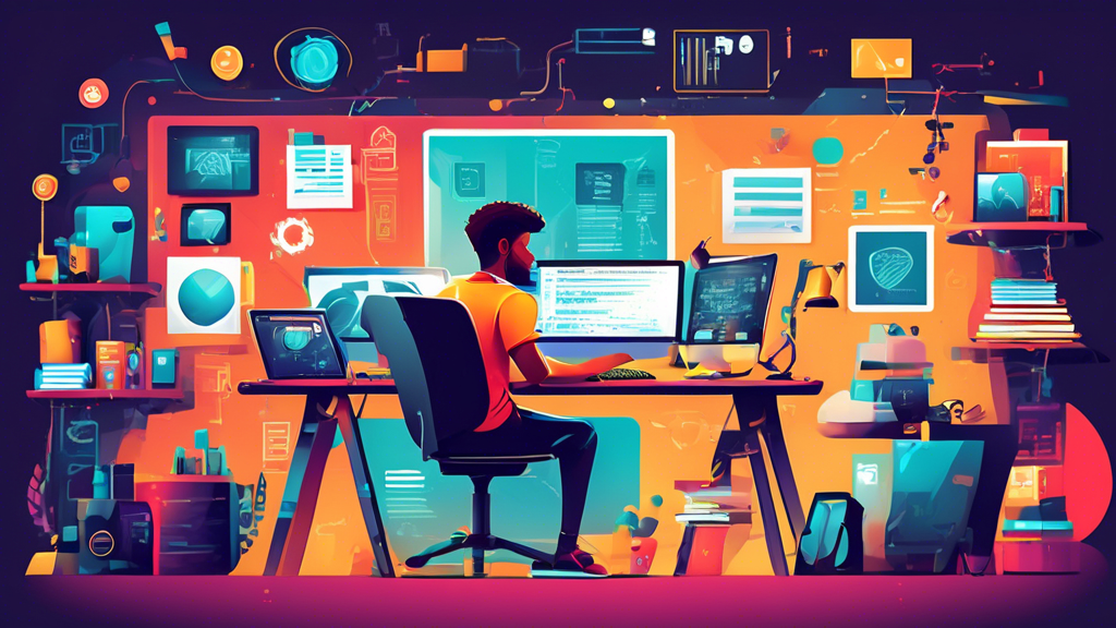 Create an image of a young, aspiring web developer at a modern workspace, surrounded by elements that highlight essential skills. The workspace should feature dual monitors displaying code (HTML, CSS, JavaScript), design software, and project management tools. Include books or icons representing problem-solving, creativity, communication, and continuous learning, creating a vibrant and encouraging atmosphere.