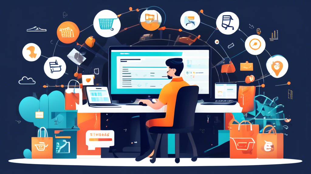 Create an image of a skilled Shopify web developer working diligently at a computer, surrounded by icons of various e-commerce elements like shopping carts, product catalogs, customer reviews, and sales charts. The developer is enhancing a sleek, professional online store interface, showcasing the importance of expert design and functionality for e-commerce success. Include a background that blends elements of a modern office and a vibrant online marketplace.