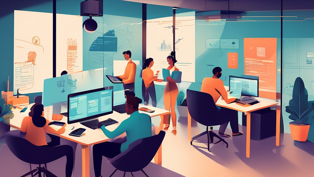 Illustration of a professional meeting between a business owner and a team from a web development agency, showcasing a collaborative environment with laptops, web design sketches, and code on screens. The scene should reflect modern office aesthetics and a positive atmosphere, emphasizing teamwork and creativity. Include elements such as the business's branding and the agency’s diverse team, highlighting professionalism, expertise, and trust.